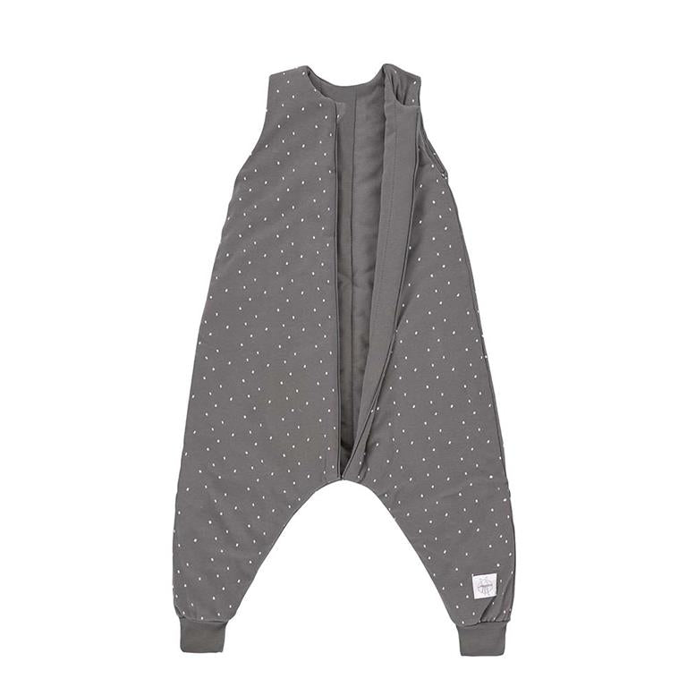 Saco de dormir com pernas Lassig TOG 2,5, cor antracite com padrão de pequenos pontos brancos, aberto frontalmente.