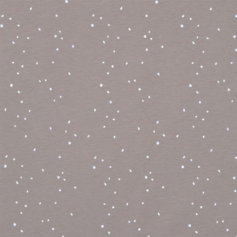 Close-up do tecido do saco de dormir Lassig, cor taupe com um padrão subtil de pequenos pontos brancos.