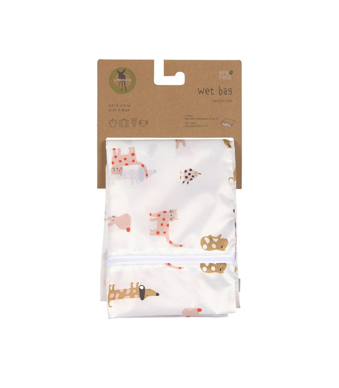 Conjunto de dois sacos de snacks Lassig com estampas diferentes, lado a lado, destacando a reutilização.