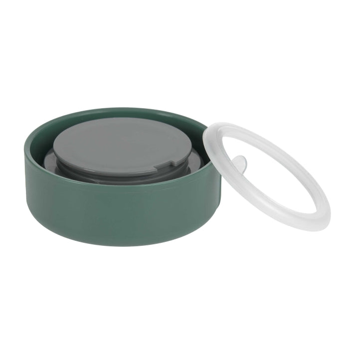 Detalhe da tampa verde e anel de silicone transparente removível do termo Lassig 315ml, mostrando vedação.