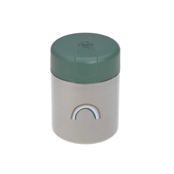 Termo Lassig 315ml Smile Green em aço inoxidável com tampa verde e ilustração de arco-íris.