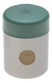 Termo Lassig 315ml Smile Green em aço inoxidável com tampa verde e ilustração de rosto sorridente.