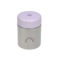 Termo para alimentos Lässig 350ml Heart Lavender em aço inoxidável com tampa lavanda, exibindo o arco-íris.