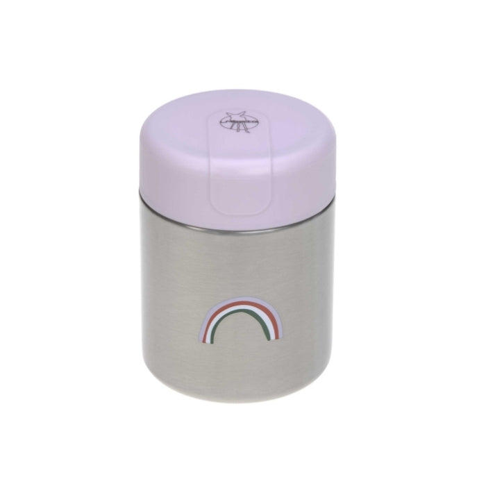 Termo para alimentos Lässig 350ml Heart Lavender em aço inoxidável com tampa lavanda, exibindo o arco-íris.