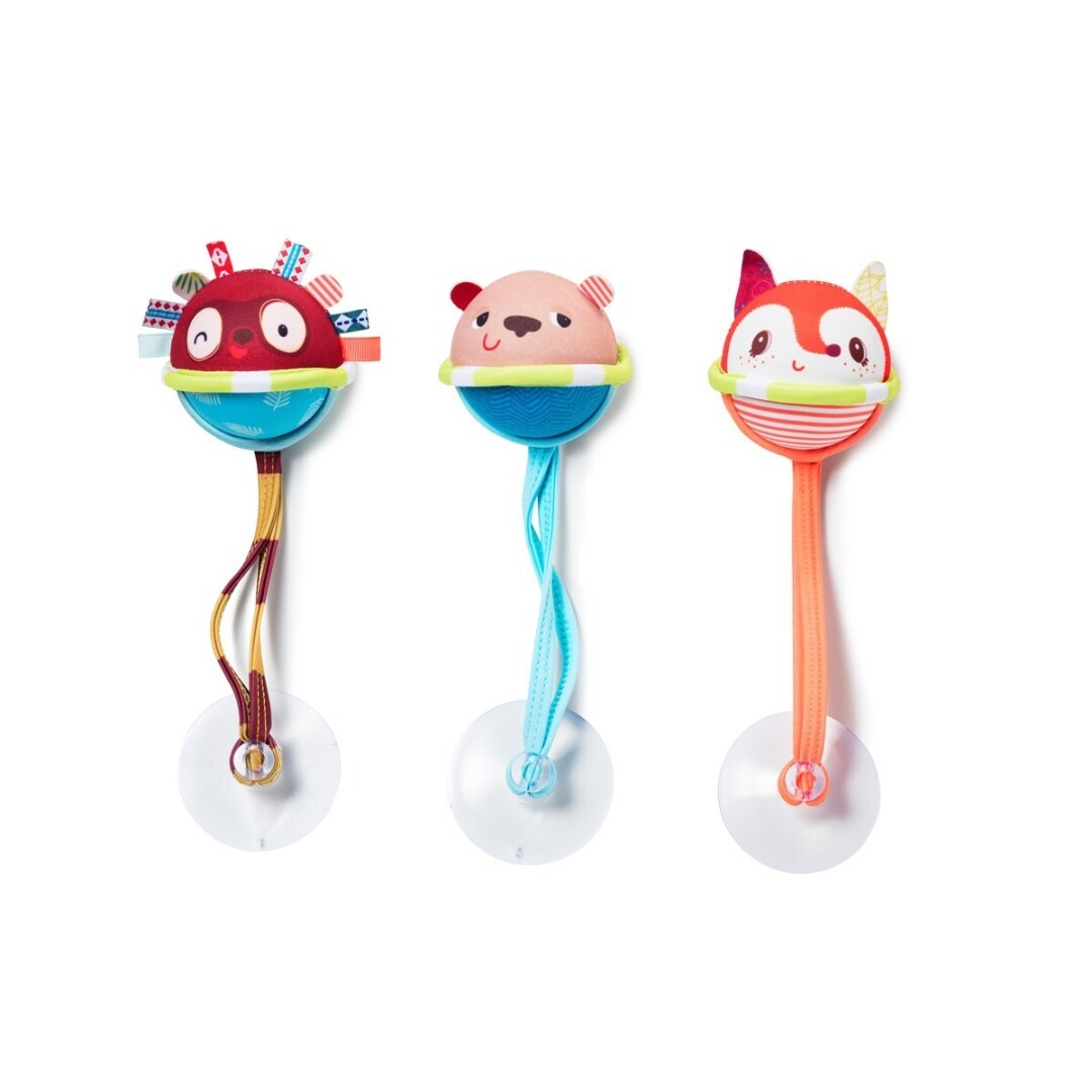 Conjunto de três bolas de banho Lilliputiens com ventosas, cada uma com design de um animal diferente: ouriço, urso e raposa.