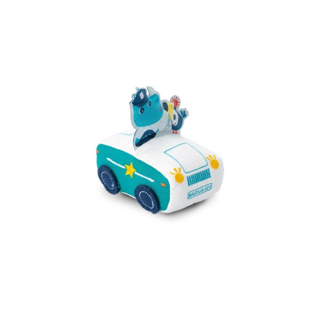 Vista angular do carrinho de tecido Lilliputiens polícia branco e azul com personagem hipopótamo.