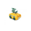 Carrinho de tecido Lilliputiens amarelo taxi com personagem coelho no banco. Brinquedo macio para bebé.