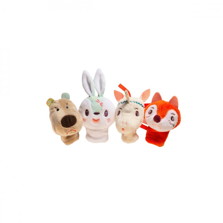 Conjunto de quatro fantoches de dedo Lilliputiens: um urso, um coelho, um cavalo e uma raposa, isolados em fundo branco.