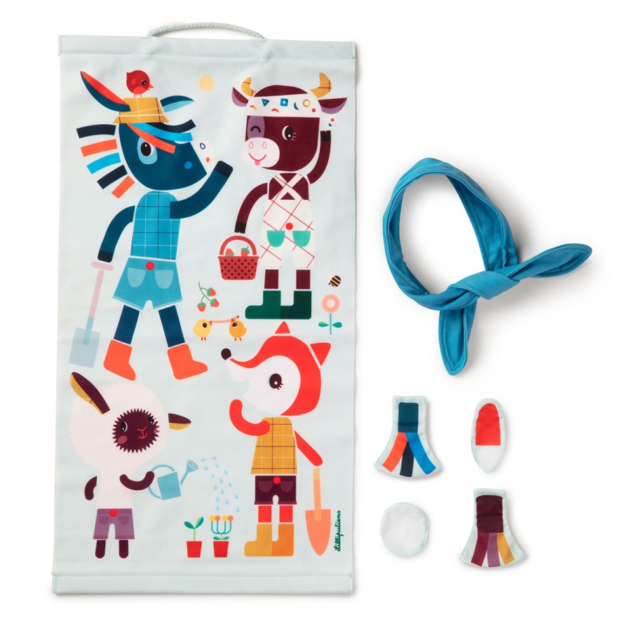 Conteúdo completo do jogo Lilliputiens "Cauda do burro": painel de tecido com 4 animais coloridos e acessórios destacáveis (caudas e venda azul).