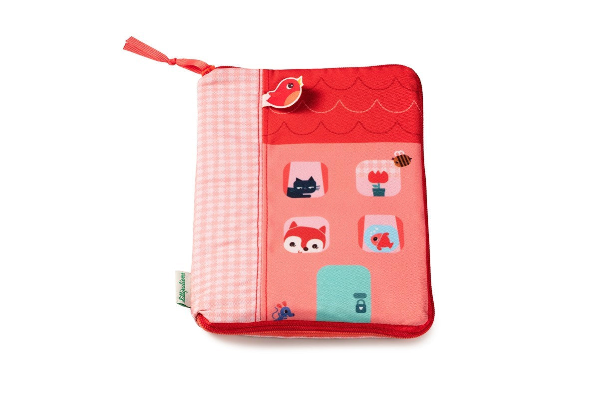 Porta documentos Lilliputiens com fecho de correr, exterior rosa com padrão de casa e um pássaro decorativo vermelho (Modelo Alice).