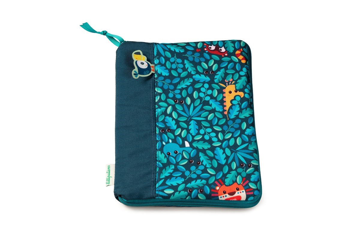 Porta documentos Lilliputiens com fecho de correr, exterior azul escuro com padrão de selva (Rino), incluindo girafa e dinossauro.