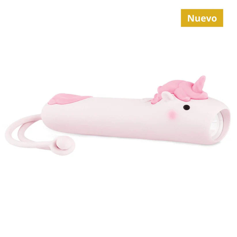 Lanterna de silicone rosa em forma de unicórnio da Rabbit & Friends, destacando o design adorável e o acabamento suave.