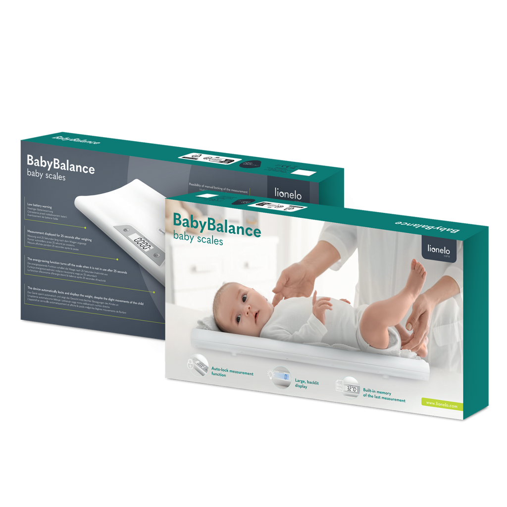 Embalagem do produto Lionelo BabyBalance, mostrando a balança branca e um bebé a ser pesado, destacando as funcionalidades principais.
