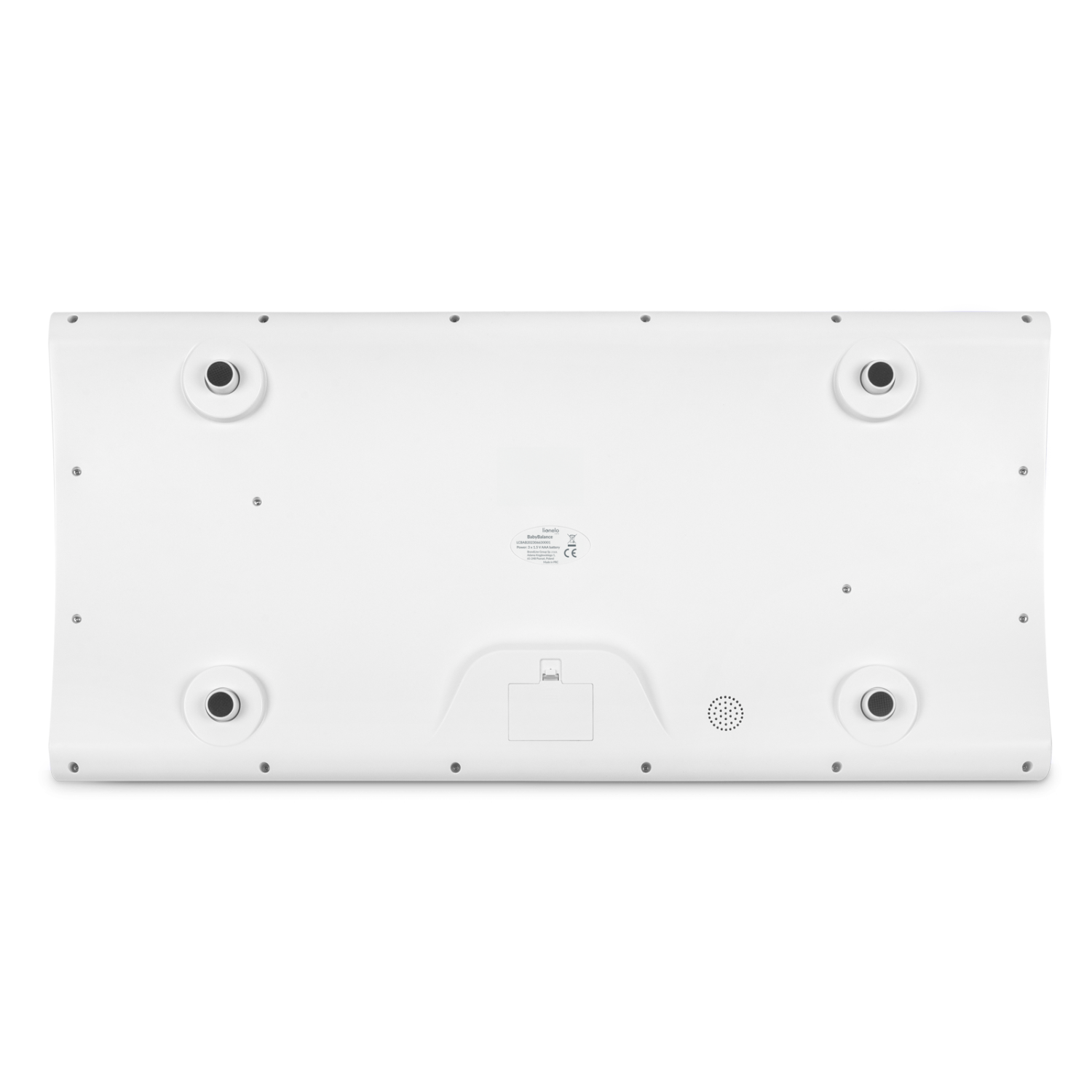 Vista inferior da balança Lionelo BabyBalance White, mostrando os quatro pés antiderrapantes e o compartimento das pilhas.