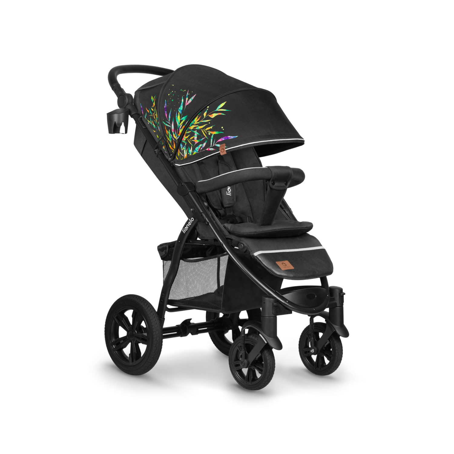 Carrinho Lionelo Annet Tour preto, visto de lado, com acessório porta-copos e capota decorada com folhagem colorida.