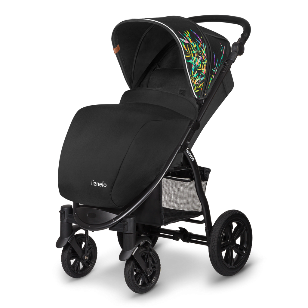Carrinho de passeio Lionelo Annet Tour preto com capota decorada com padrão abstrato colorido, visto de frente em fundo escuro.