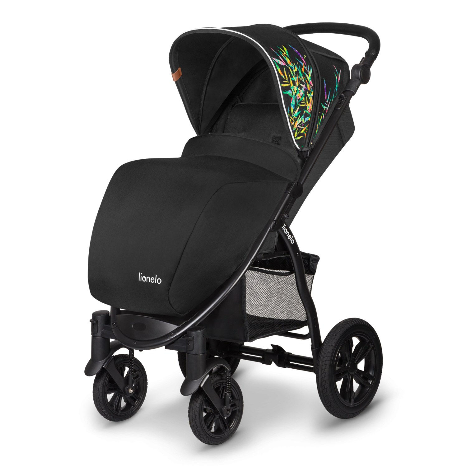 Carrinho de passeio Lionelo Annet Tour preto com capota decorada com padrão abstrato colorido, visto de frente em fundo escuro.