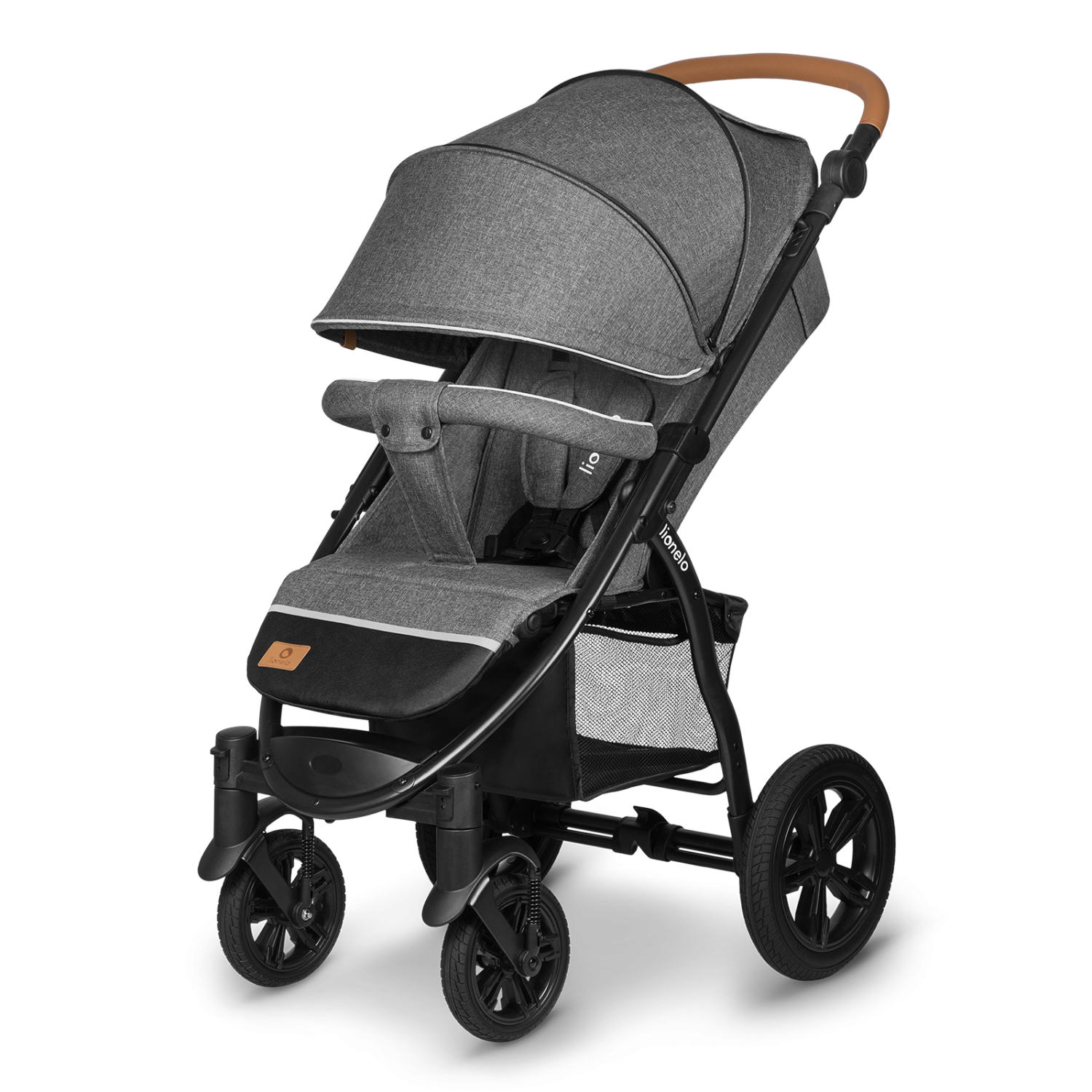 Carrinho de passeio Lionelo Annet Tour em tecido cinzento mesclado, com guiador em imitação de pele castanha.