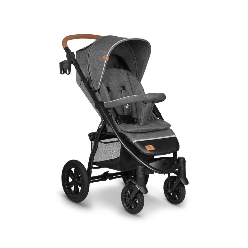 Imagem de estúdio do carrinho de passeio Lionelo Annet Tour cinzento com porta-copos, assento reclinável e rodas robustas.