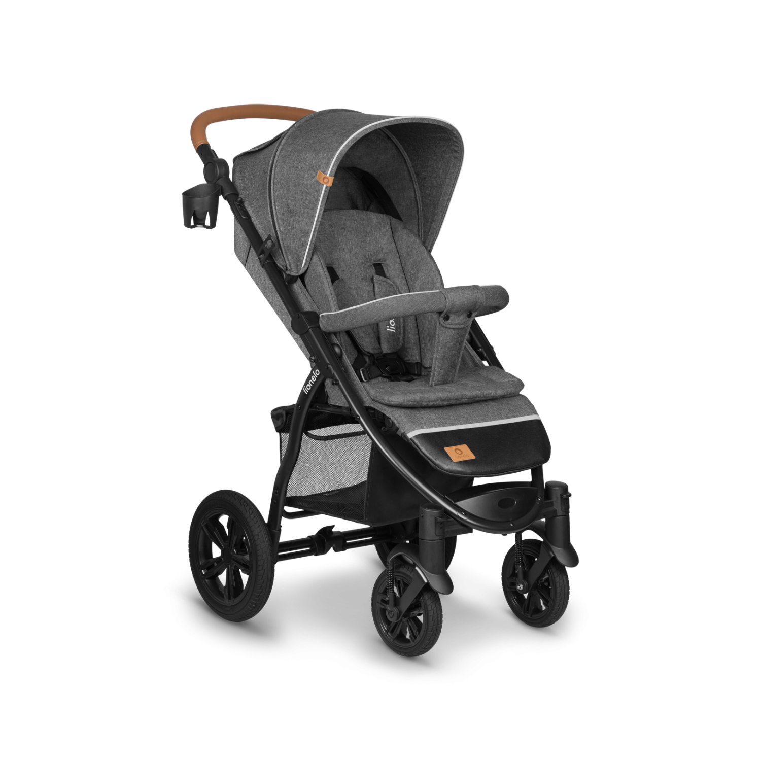 Imagem de estúdio do carrinho de passeio Lionelo Annet Tour cinzento com porta-copos, assento reclinável e rodas robustas.