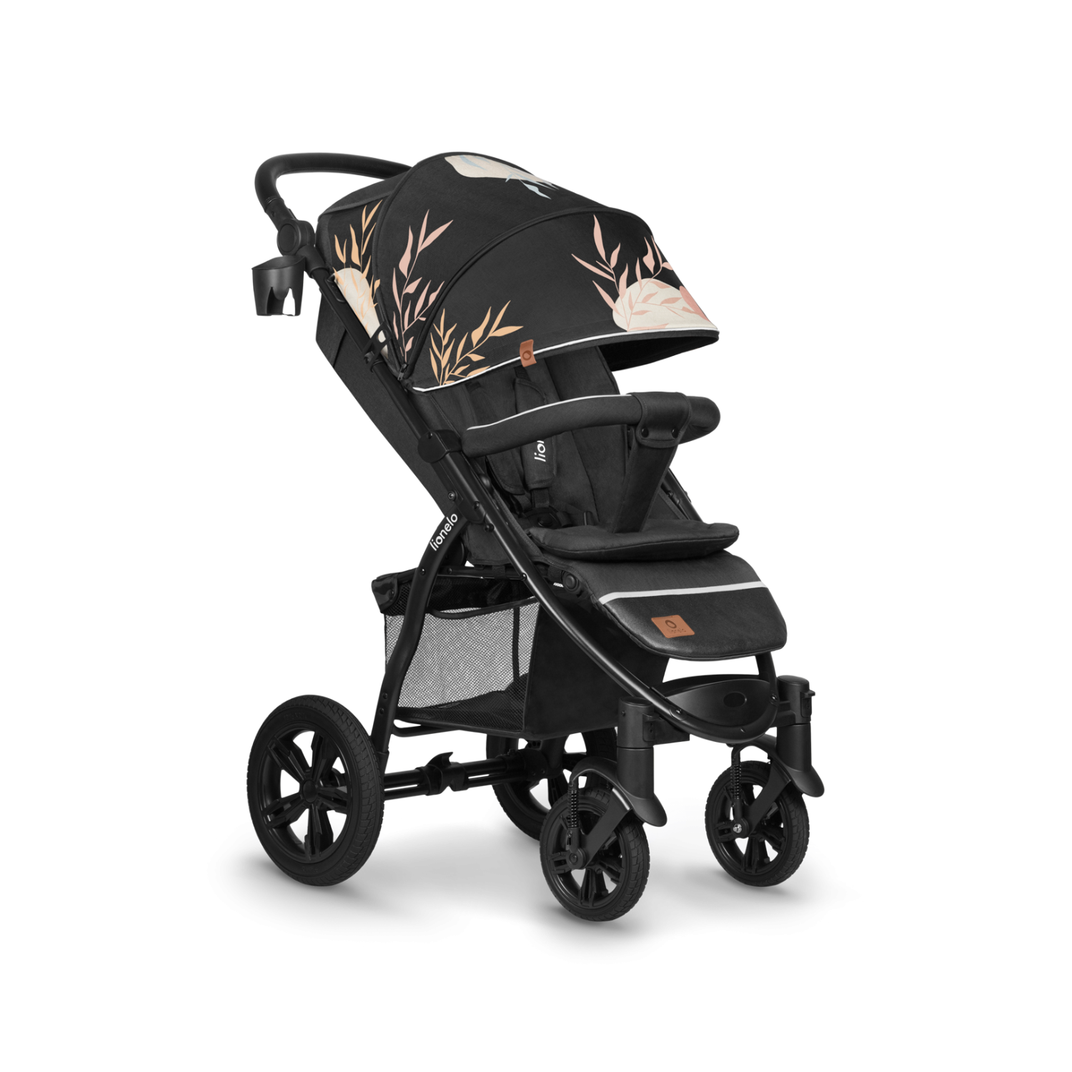 Carrinho Lionelo Annet Tour preto em ângulo frontal, com acessórios como porta-copos visíveis, assento ajustado e cesto de arrumação grande.