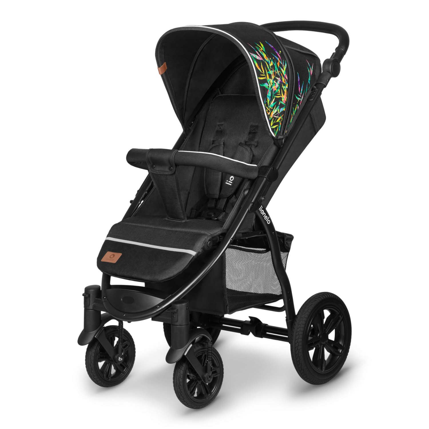 Carrinho de passeio Lionelo Annet Tour preto com capota de padrão colorido vibrante, cinto de 5 pontos e assento confortável.