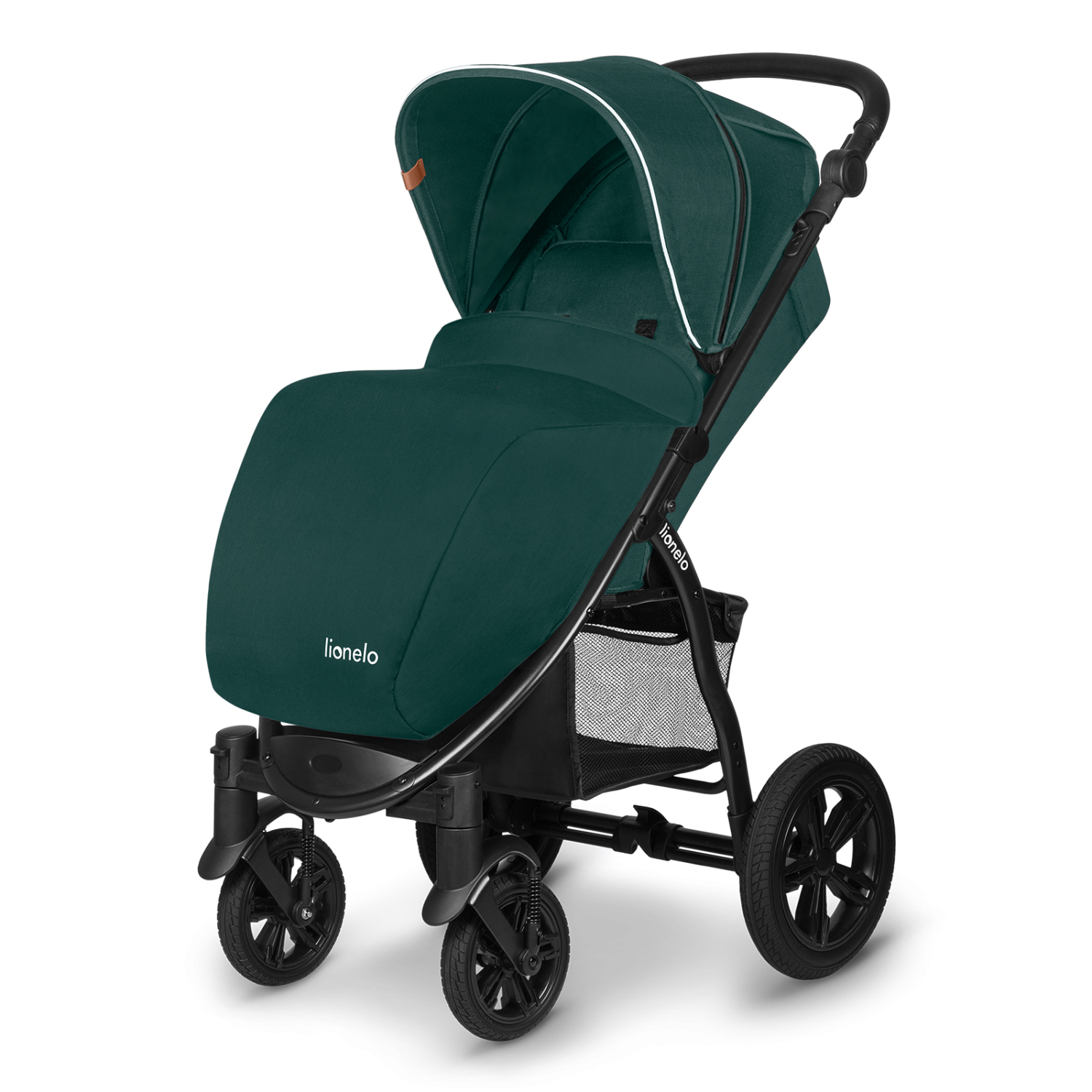 Carrinho Lionelo Annet Tour verde com cobertura de pernas (footmuff) totalmente fechada, oferecendo máxima proteção contra o frio e vento.