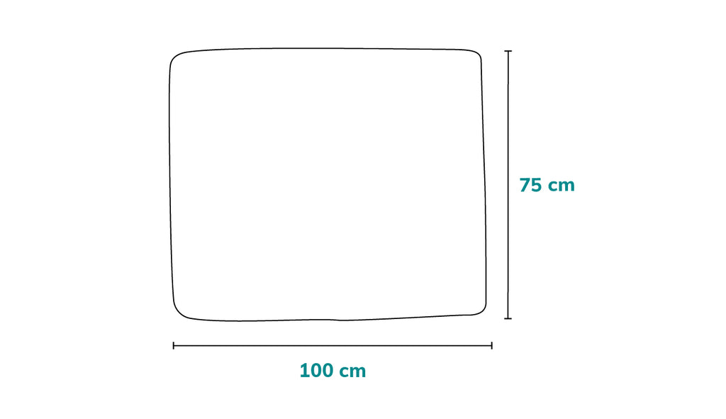 Esquema da Manta de Bambu Lionelo, mostrando as dimensões: 100 cm de largura por 75 cm de altura.