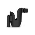 Vista lateral do suporte universal preto Lionelo Ove, destacando o compartimento para telemóvel e a tira de fixação ajustável.
