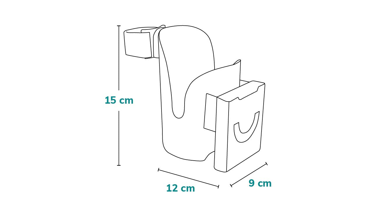 Desenho técnico do suporte Lionelo Ove com as dimensões indicadas: 15 cm de altura, 12 cm de largura e 9 cm de profundidade.