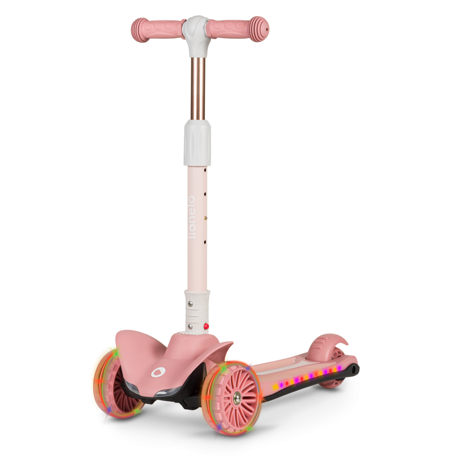 Imagem de estúdio da trotinete Lionelo Timmy rosa, com foco nas luzes LED vibrantes das rodas dianteiras e da plataforma.