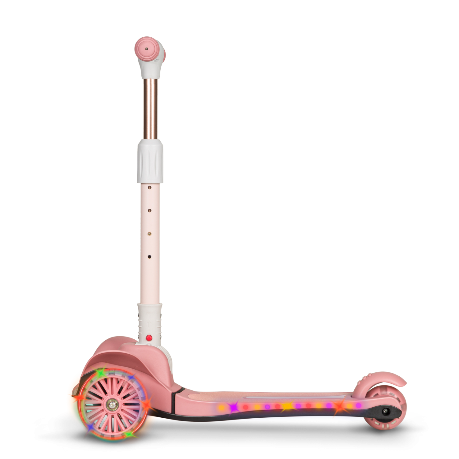 Trotinete infantil Lionelo Timmy de 3 rodas cor-de-rosa, vista lateral com luzes LED coloridas acesas nas rodas e plataforma.