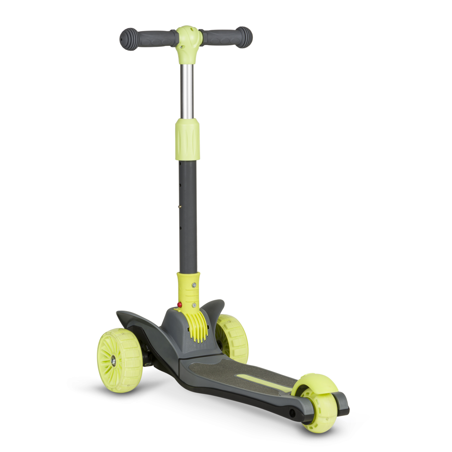 Trotinete infantil Lionelo Timmy de 3 rodas, em ângulo, com rodas grandes à frente e uma roda atrás, em cinzento e verde-lima.
