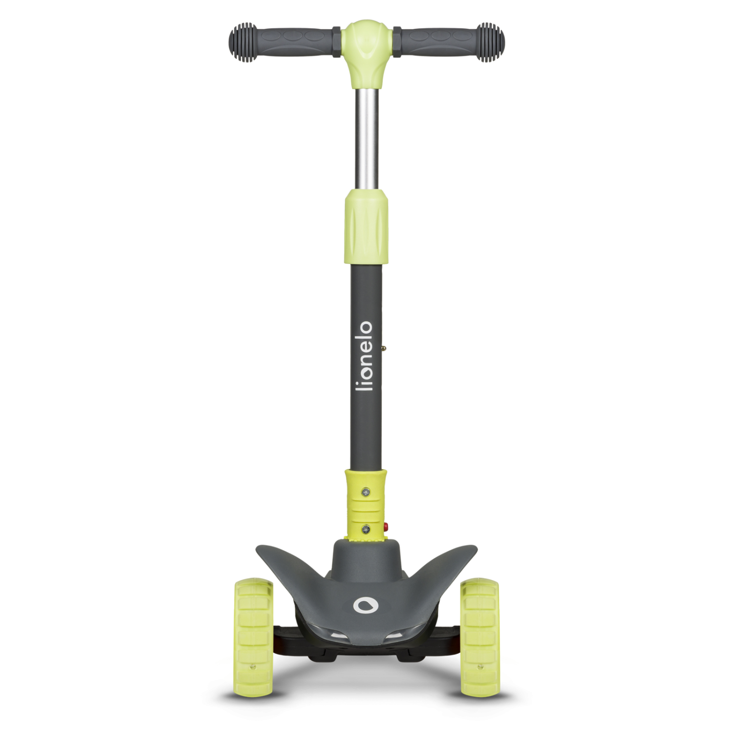 Vista frontal da trotinete Lionelo Timmy, destacando o guiador ajustável, as duas rodas dianteiras e a base cinzenta e verde-lima.