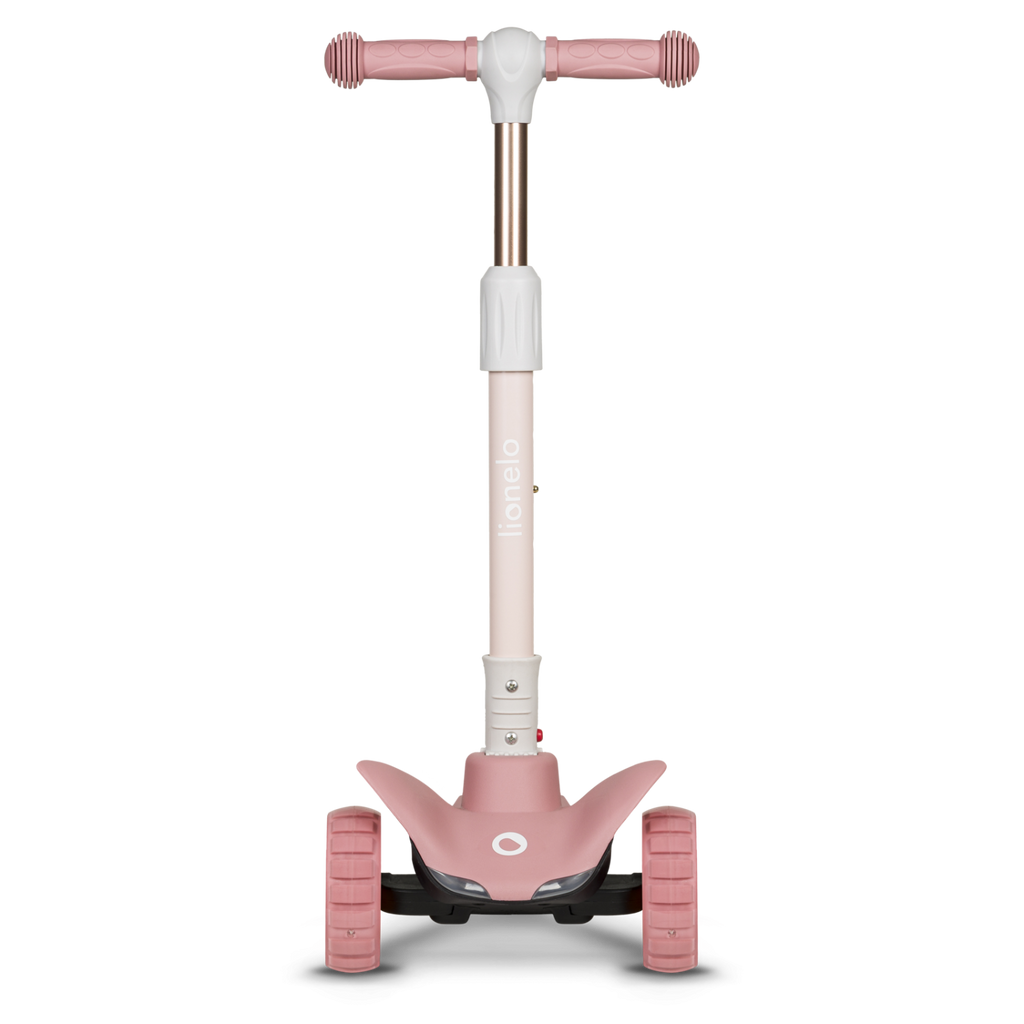 Vista frontal da trotinete Lionelo Timmy rosa, destacando o guiador ajustável, as duas rodas dianteiras e o logótipo Lionelo no tubo central.