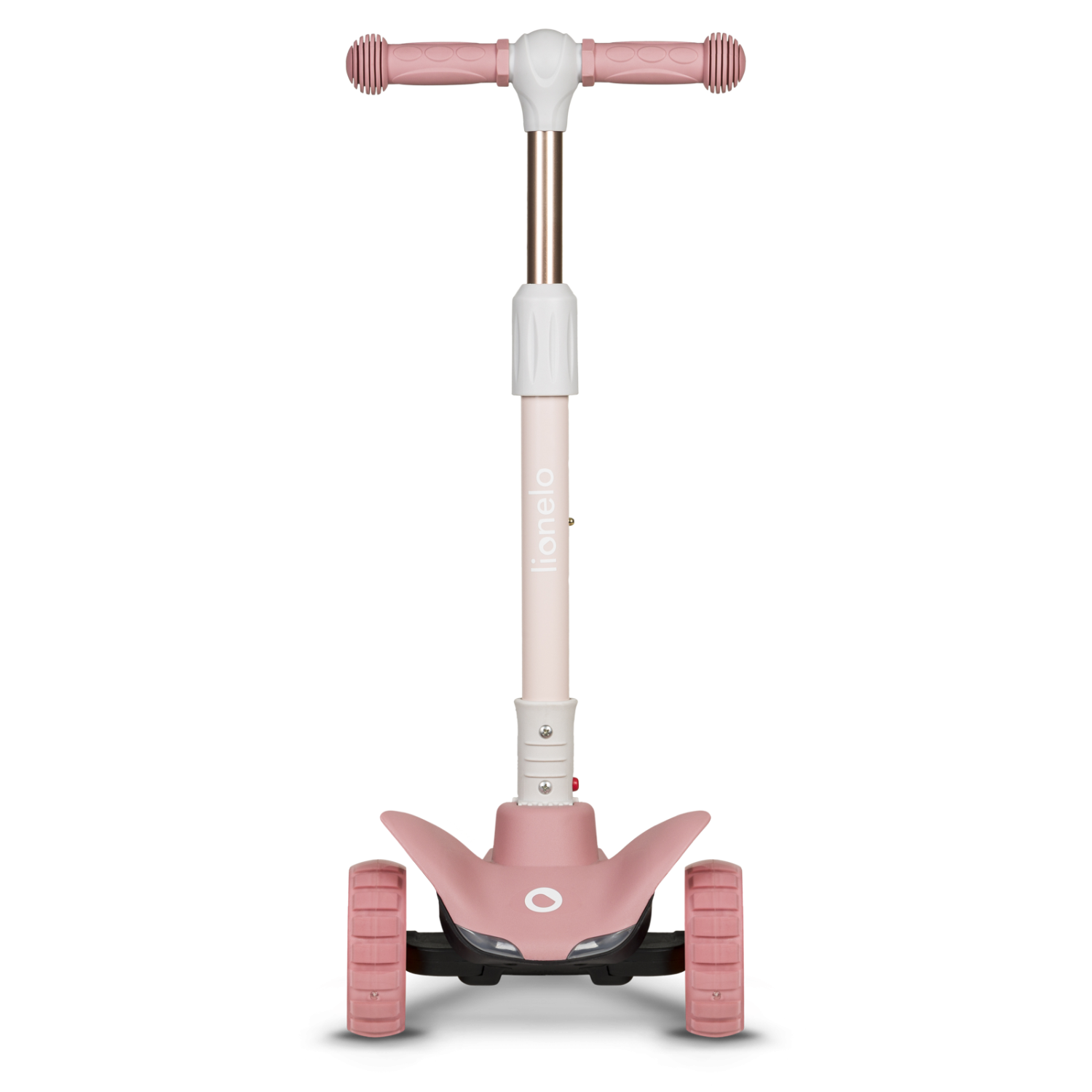 Vista frontal da trotinete Lionelo Timmy rosa, destacando o guiador ajustável, as duas rodas dianteiras e o logótipo Lionelo no tubo central.
