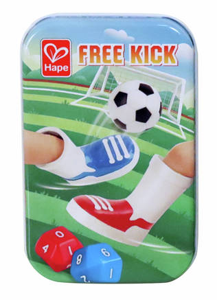 Embalagem do jogo Hape Lance Livre, com ilustração de futebol, bola e dados.