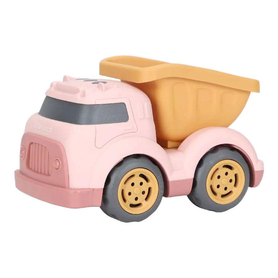 Camião de reboque Little Dutch cor-de-rosa e amarelo, com rodas grandes, isolado em fundo branco.