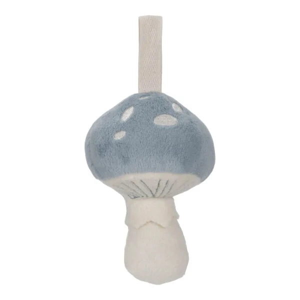 Brinquedo de peluche em forma de cogumelo azul e branco com fita para pendurar no tapete de atividades.