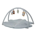 Ginásio de atividades Forest Friends da Little Dutch com tapete acolchoado azul e arco de brinquedos de peluche.