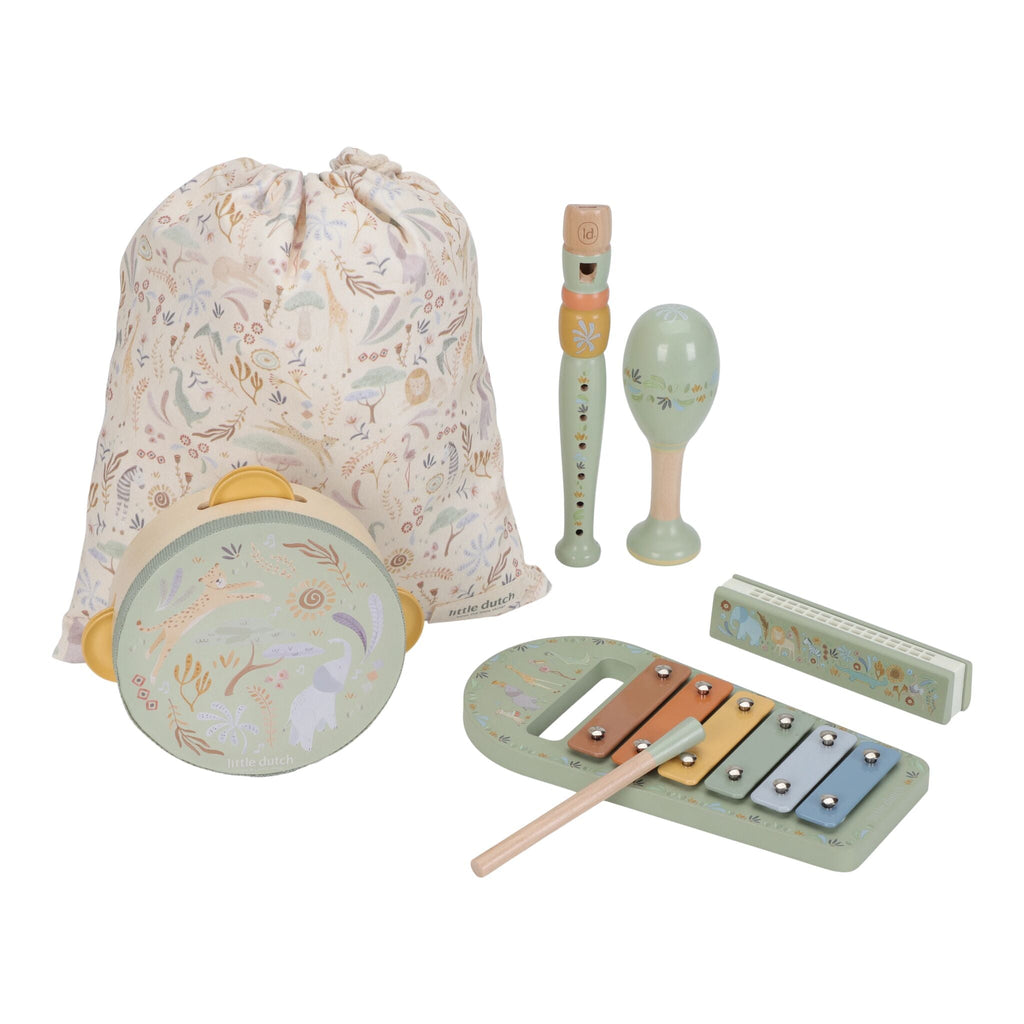 Conjunto musical Little Dutch Safari Friends verde com cinco instrumentos