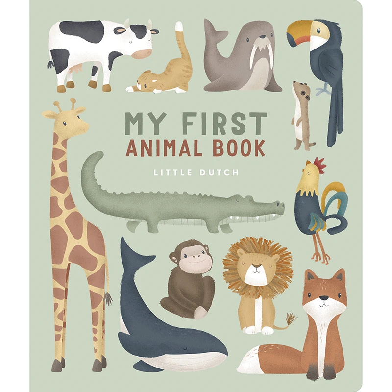 Capa do Livro Little Dutch "My First Animal Book" com ilustrações de animais como girafa, leão, crocodilo, vaca e raposa em fundo verde claro.