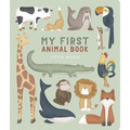 Capa do Livro Little Dutch "My First Animal Book" com ilustrações de animais como girafa, leão, crocodilo, vaca e raposa em fundo verde claro.