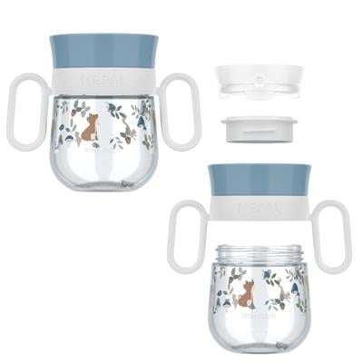 Vista explodida do copo de treino Little Dutch, mostrando a tampa superior, a peça de vedação intermédia e a base do copo com as asas.
