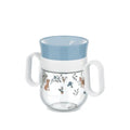 Copo de treino Little Dutch MEPAL 360º com asas brancas e corpo transparente com padrão de animais da floresta e tampa azul clara.