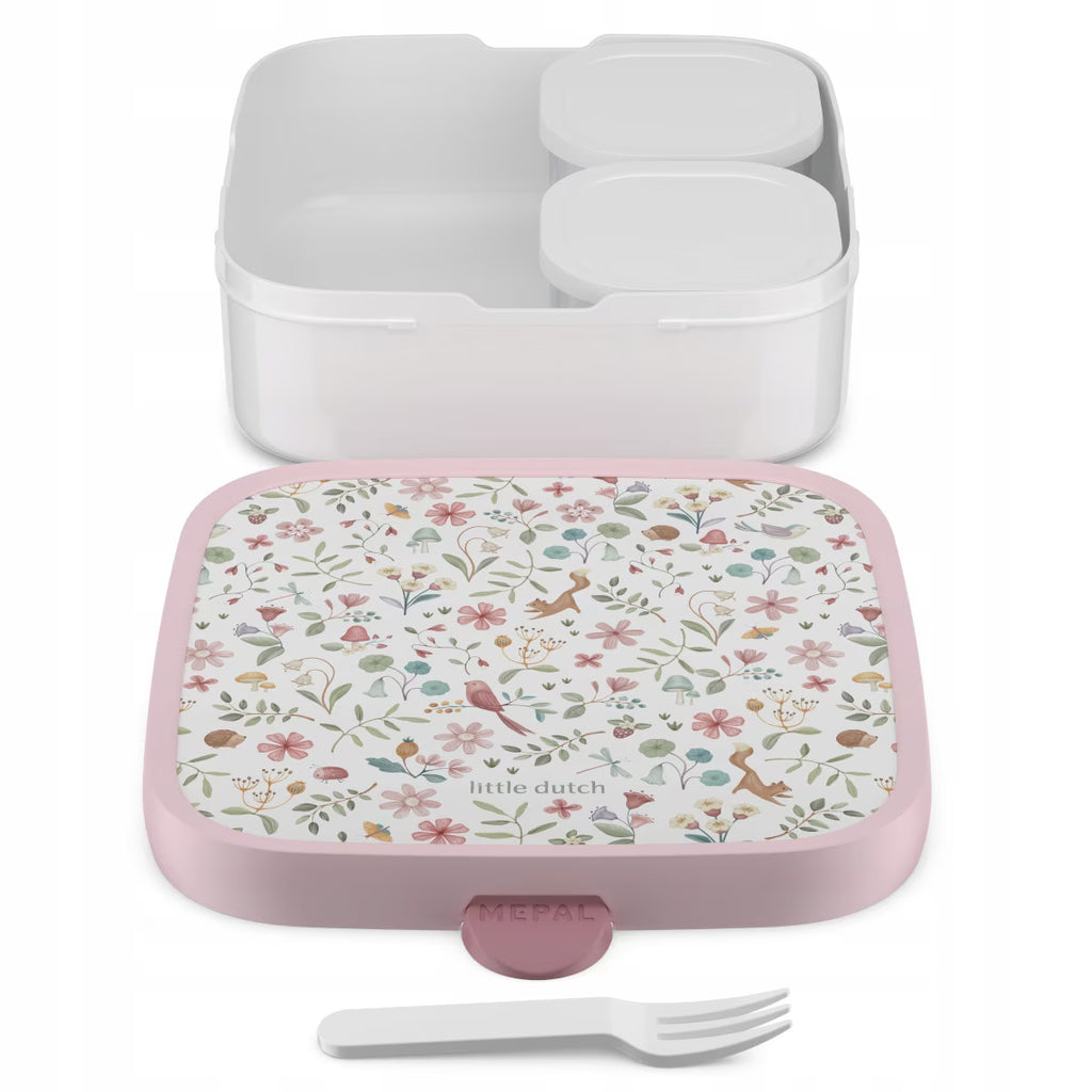 Lancheira Little Dutch MEPAL "Fairy Wonders" aberta, mostrando o interior branco, os dois pequenos compartimentos e o garfo, com a tampa decorada em primeiro plano.