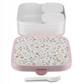 Lancheira Little Dutch MEPAL "Fairy Wonders" aberta, mostrando o interior branco, os dois pequenos compartimentos e o garfo, com a tampa decorada em primeiro plano.