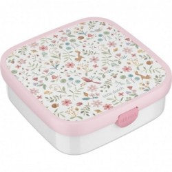 Vista superior da lancheira Little Dutch MEPAL "Campus Bento" fechada, com tampa rosa pálido e padrão floral e animal "Fairy Wonders".