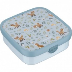Lancheira Little Dutch MEPAL "Forest Friends" fechada, com tampa azul decorada com raposas, cogumelos e folhagem, vista de cima em ângulo.