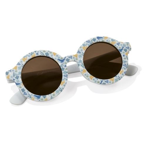 Óculos de sol infantis Little Dutch Ocean Dreams Blue, armação redonda com padrão marinho azul e amarelo, lentes escuras.